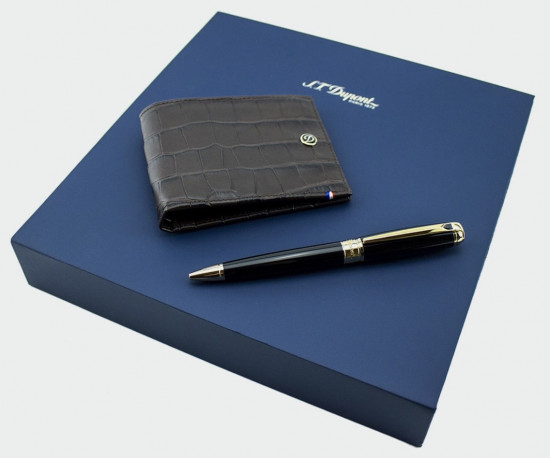 COFFRET STYLO LINE D LARGE NOIR / DORE BILLE + PORTE CARTES 6cc DANDY MARRON