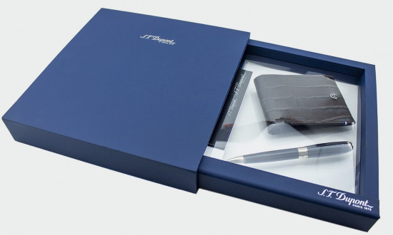 COFFRET STYLO LINE D LARGE NOIR / DORE BILLE + PORTE CARTES 6cc DANDY MARRON