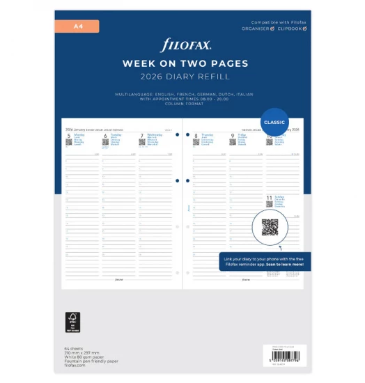 RECHARGE ORGANISEUR SEMAINE SUR 2 PAGES BLANC - MULTILINGUE - A4 25cm