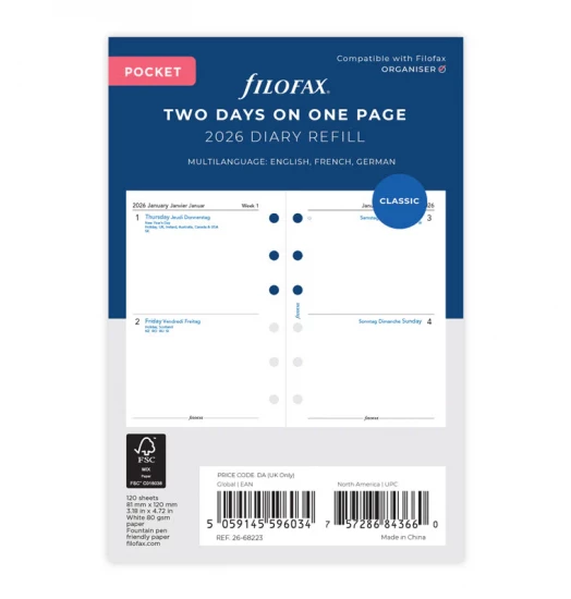 RECHARGE ORGANISEUR 2 JOURS PAR PAGE - MULTILINGUE - POCKET 12cm