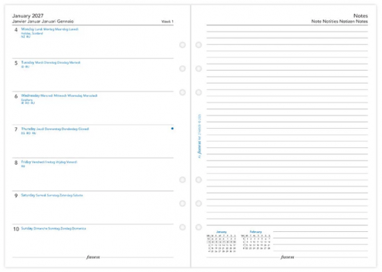 RECHARGE ORGANISEUR SEMAINE SUR 1 PAGE + 1 PAGE DE NOTES - MULTILINGUE - A5 21cm