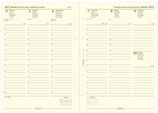 RECHARGE ORGANISEUR SEMAINE SUR 2 PAGES VERTICAL AVEC HEURES - CRÈME - MULTILINGUES - A5 21cm