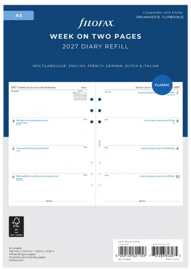 RECHARGE ORGANISEUR SEMAINE SUR 2 PAGES HORIZONTAL SANS HEURES - MULTILINGUE - A5 21cm