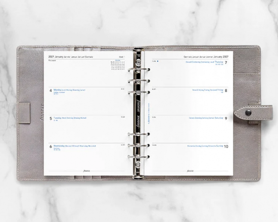 RECHARGE ORGANISEUR SEMAINE SUR 2 PAGES HORIZONTAL SANS HEURES - MULTILINGUE - A5 21cm