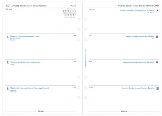 RECHARGE ORGANISEUR SEMAINE SUR 2 PAGES HORIZONTAL SANS HEURES - MULTILINGUE - A5 21cm