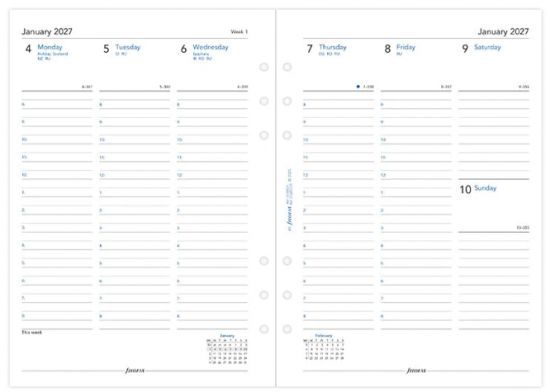 RECHARGE ORGANISEUR SEMAINE SUR 2 PAGES VERTICAL AVEC HEURES - PAPIER RECYCLE - A5 21cm