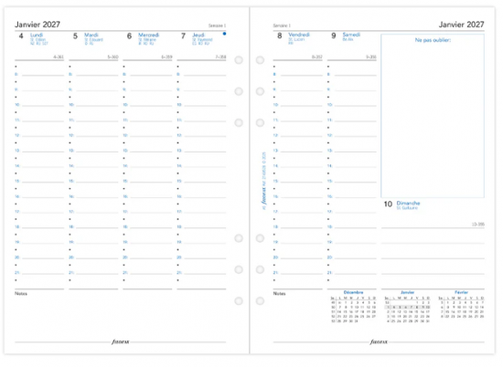 RECHARGE ORGANISEUR SEMAINE SUR 2 PAGES VERTICAL AVEC HEURES - A5 21cm