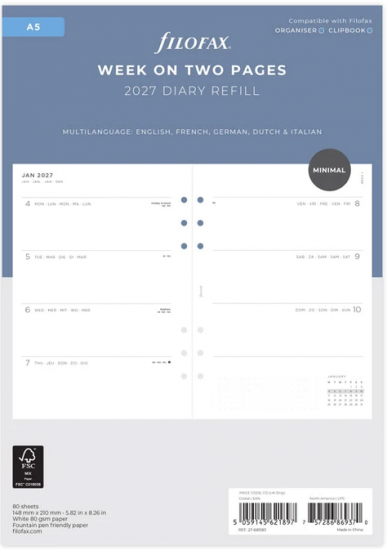 RECHARGE ORGANISEUR SEMAINE SUR 2 PAGES MINIMAL - MULTILANGUE - A5 21cm