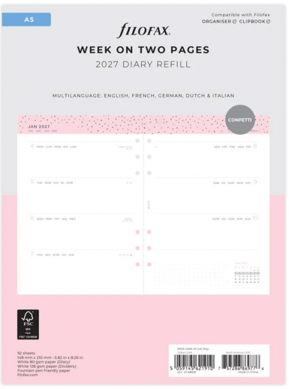 RECHARGE ORGANISEUR SEMAINE SUR 2 PAGES CONFETTI - A5 21cm