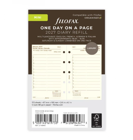 RECHARGE ORGANISEUR 1 JOUR PAR PAGE CRÈME - MULTILINGUE - MINI 10cm