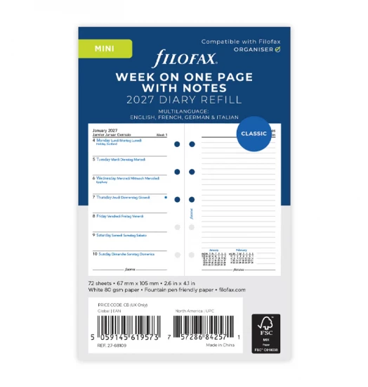 RECHARGE ORGANISEUR SEMAINE SUR 1 PAGE + PAGE DE NOTES - MULTILINGUE - MINI 10cm