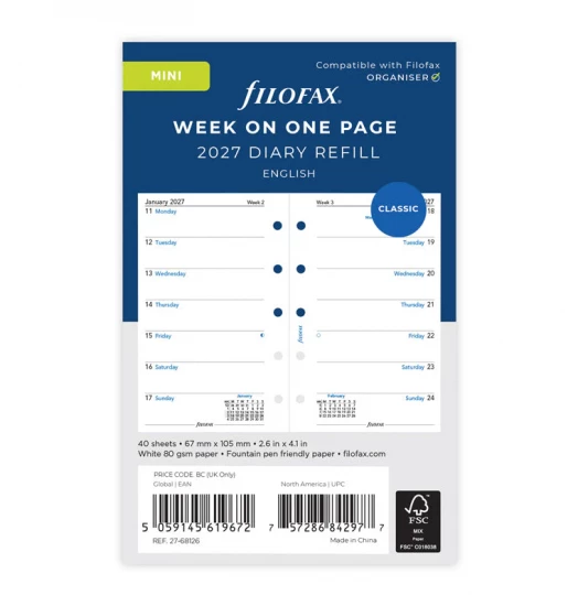 RECHARGE ORGANISEUR SEMAINE SUR 1 PAGE - ANGLAIS - MINI 10cm