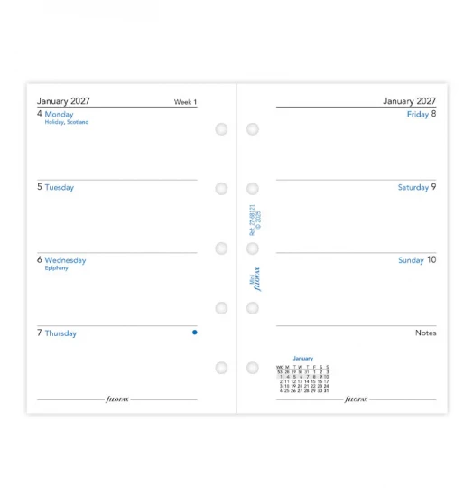 RECHARGE ORGANISEUR SEMAINE SUR 2 PAGES HORIZONTAL SANS HEURES - ANGLAIS - MINI 10cm