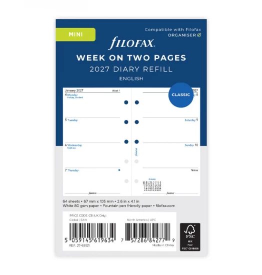 RECHARGE ORGANISEUR SEMAINE SUR 2 PAGES HORIZONTAL SANS HEURES - ANGLAIS - MINI 10cm
