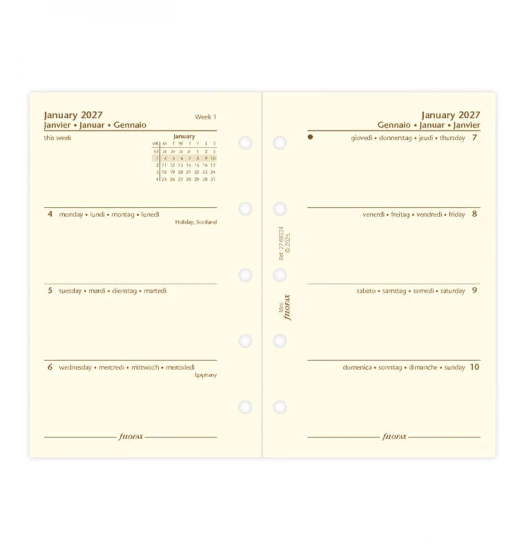 RECHARGE ORGANISEUR SEMAINE SUR 2 PAGES HORIZONTAL SANS HEURES CRÈME - MULTILINGUE - MINI 10cm