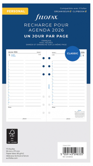RECHARGE ORGANISEUR 1 JOUR PAR PAGE- PERSONAL 17cm