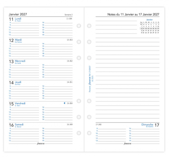 RECHARGE ORGANISEUR SEMAINE SUR 1 PAGE + 1 PAGE DE NOTES - PERSONAL 17cm