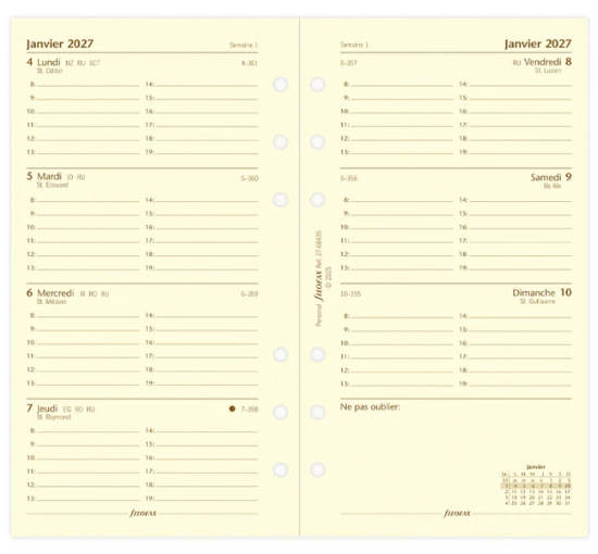 RECHARGE ORGANISEUR SEMAINE SUR 2 PAGES HORIZONTAL AVEC HEURES CRÈME - PERSONAL 17cm