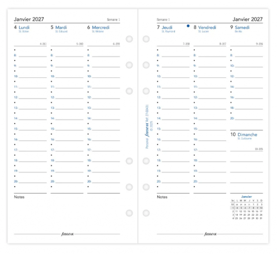 RECHARGE ORGANISEUR SEMAINE SUR 2 PAGES HORIZONTAL - PERSONAL 17cm