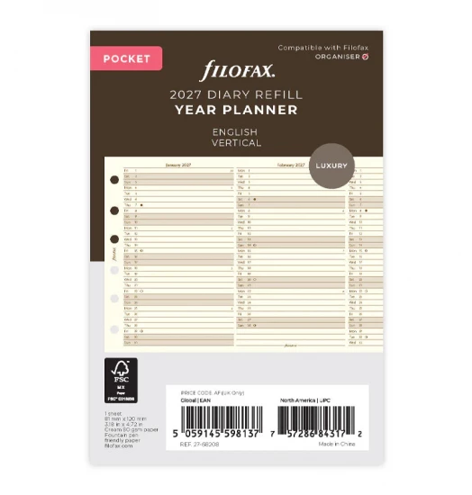 RECHARGE ORGANISEUR PLANNING ANNUEL CREME - ANGLAIS - POCKET 12cm