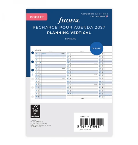 RECHARGE ORGANISEUR PLANNING ANNUEL - FRANCAIS - POCKET 12cm