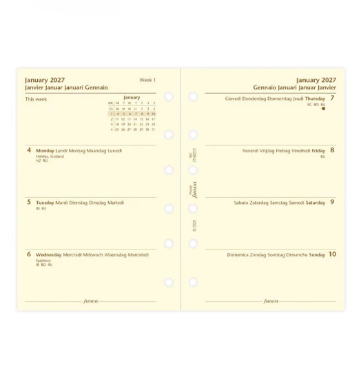 RECHARGE ORGANISEUR SEMAINE SUR 2 PAGES HORIZONTAL SANS HEURES CREME - MULTILINGUE - POCKET 12cm