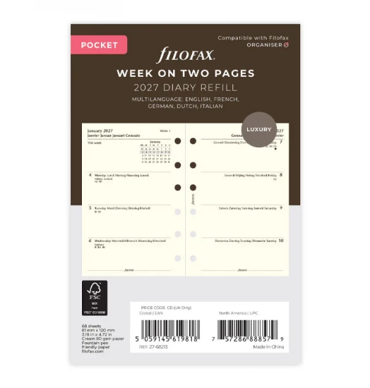 RECHARGE ORGANISEUR SEMAINE SUR 2 PAGES HORIZONTAL SANS HEURES CREME - MULTILINGUE - POCKET 12cm