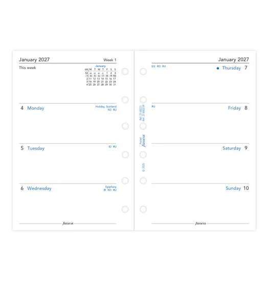 RECHARGE ORGANISEUR SEMAINE SUR 2 PAGES HORIZONTAL SANS HEURES - ANGLAIS - PAPIER RECYCLE - POCKET 12cm