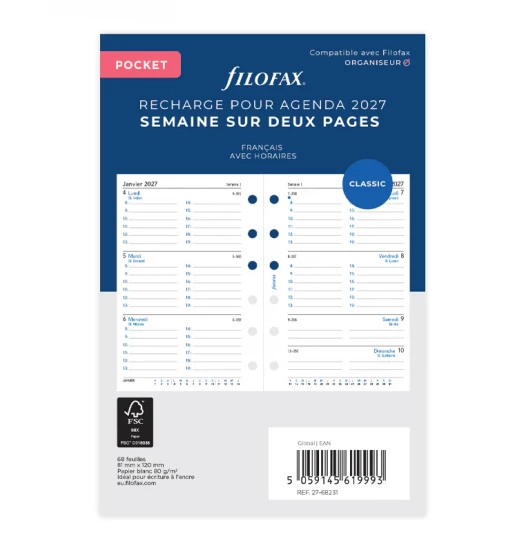 RECHARGE ORGANISEUR SEMAINE SUR 2 PAGES HORIZONTAL AVEC HEURES - FRANCAIS - POCKET 12cm