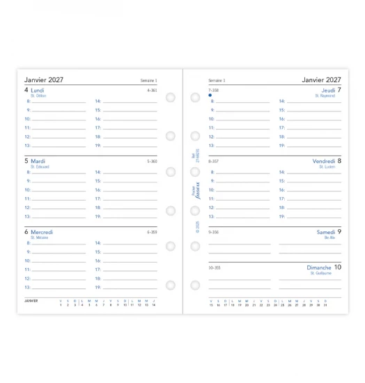 RECHARGE ORGANISEUR SEMAINE SUR 2 PAGES HORIZONTAL AVEC HEURES - FRANCAIS - POCKET 12cm