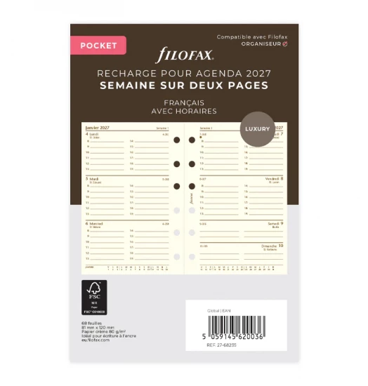 RECHARGE ORGANISEUR SEMAINE SUR 1 PAGE CREME -  MULTILINGUE - POCKET 12 cm