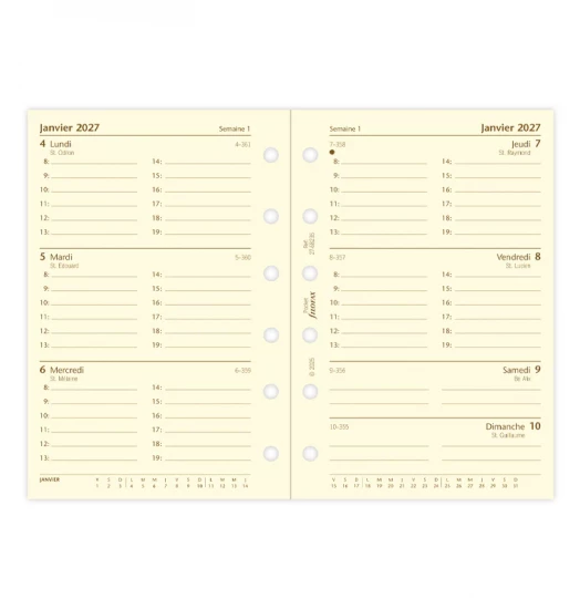 RECHARGE ORGANISEUR SEMAINE SUR 1 PAGE CREME -  MULTILINGUE - POCKET 12 cm