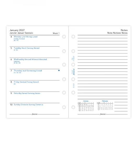 RECHARGE ORGANISEUR SEMAINE SUR 1 PAGE + PAGE DE NOTES - MULTILINGUE - POCKET 12cm