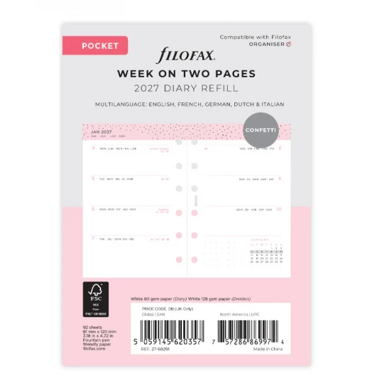 RECHARGE ORGANISEUR SEMAINE SUR 2 PAGES HORIZONTAL SANS HEURES CONFETTI - POCKET 12cm