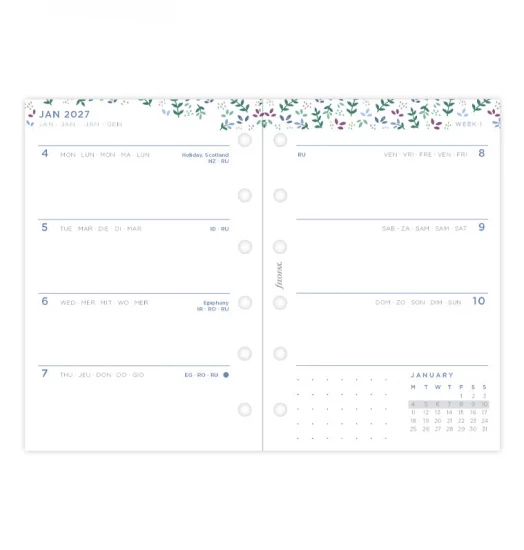 RECHARGE ORGANISEUR SEMAINE SUR 2 PAGES HORIZONTAL SANS HEURES GARDEN - POCKET 12cm