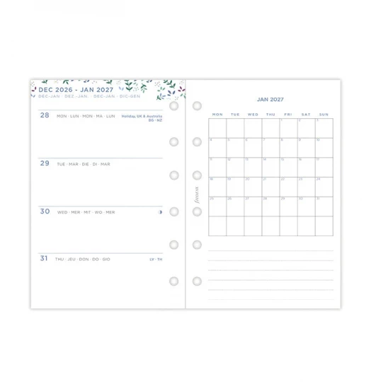 RECHARGE ORGANISEUR SEMAINE SUR 2 PAGES HORIZONTAL SANS HEURES GARDEN - POCKET 12cm