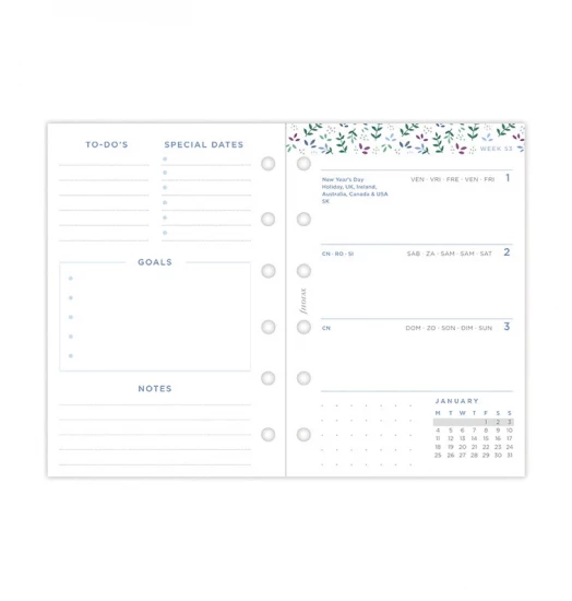 RECHARGE ORGANISEUR SEMAINE SUR 2 PAGES HORIZONTAL SANS HEURES GARDEN - POCKET 12cm