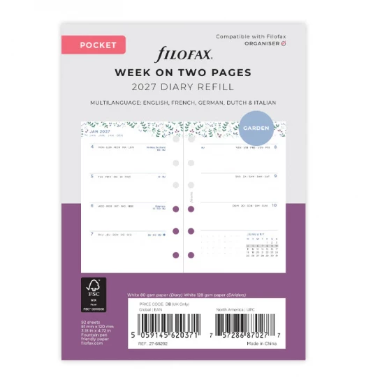 RECHARGE ORGANISEUR SEMAINE SUR 2 PAGES HORIZONTAL SANS HEURES GARDEN - POCKET 12cm