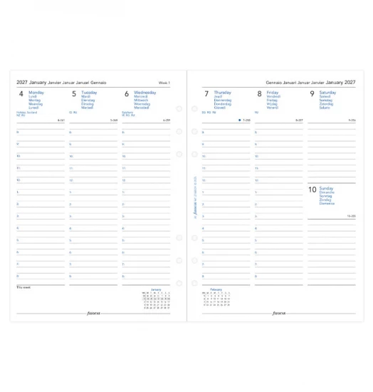 RECHARGE ORGANISEUR SEMAINE SUR 2 PAGES VERTICAL AVEC HEURES - MULTILINGUE - A5 21cm