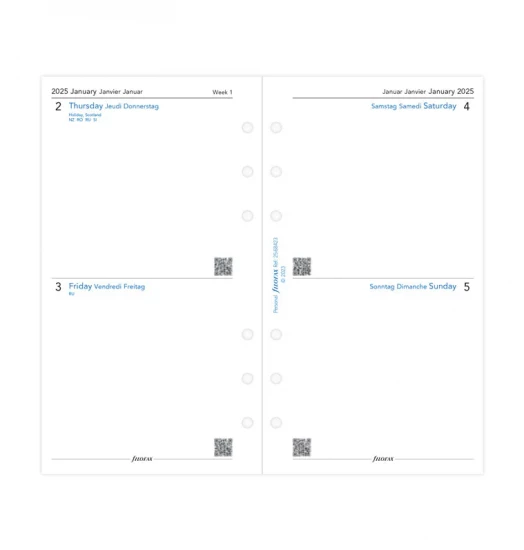 RECHARGE ORGANISEUR 2 JOURS PAR PAGE - MULTILINGUE - PERSONAL 17cm