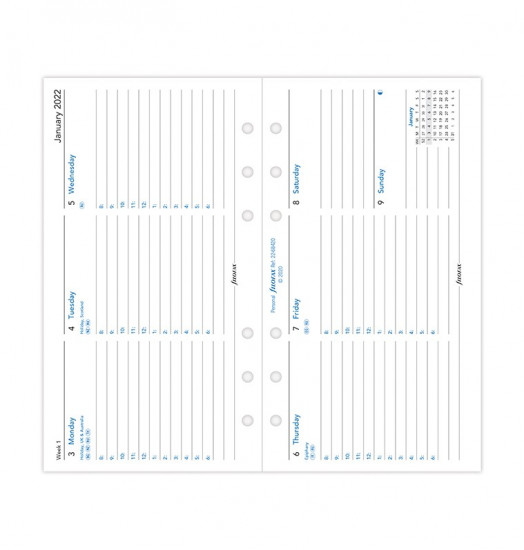 RECHARGE ORGANISEUR SEMAINE SUR 2 PAGES A L'ITALIENNE - ANGLAIS - PERSONAL 17cm