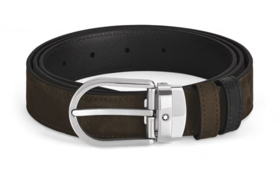 CEINTURE 30mm LISSE NOIR RÉVERSIBLE DAIM MARRON BOUCLE FER À CHEVAL