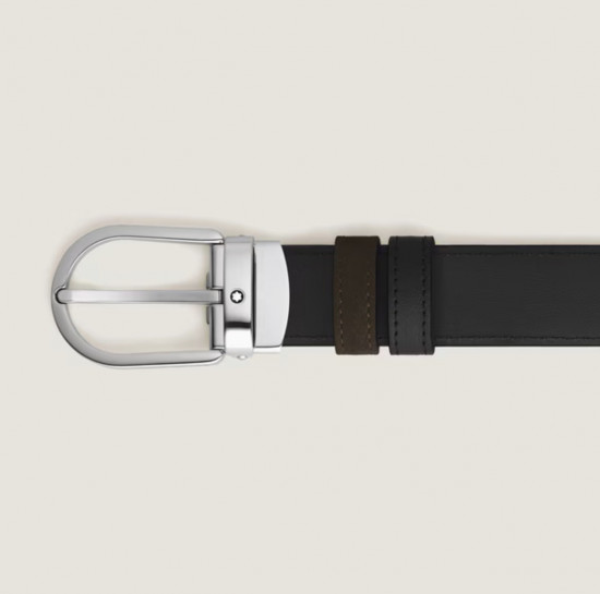 CEINTURE 30mm LISSE NOIR RÉVERSIBLE DAIM MARRON BOUCLE FER À CHEVAL